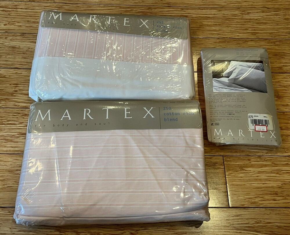NOS Martex Full Sheet Set 4 pc Oxford Stripe Pink 250 Thread Ct Vintage
